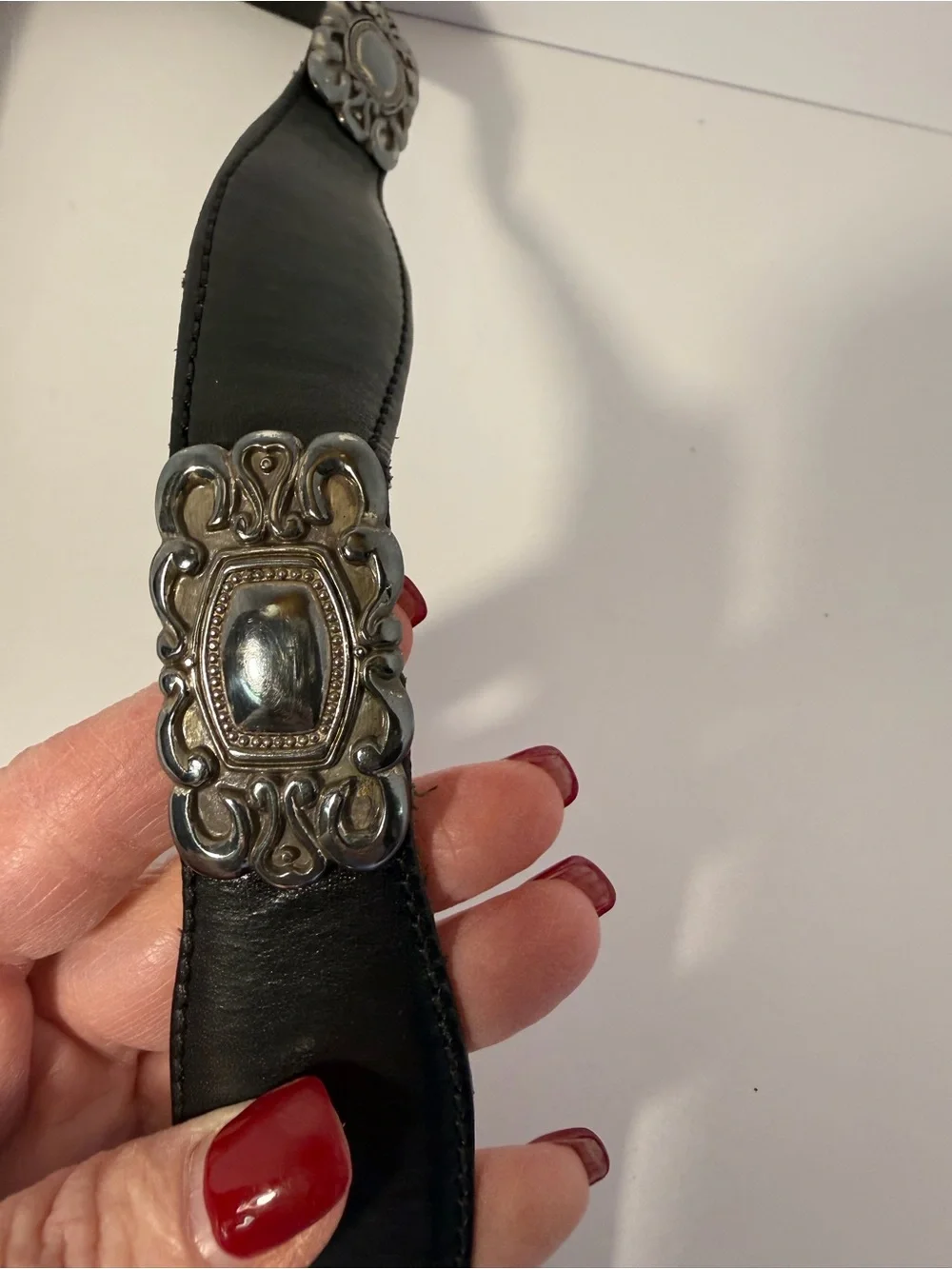 🌵 VTG 1997 Fossil Black Leather Western Buckle & Plaque Belt M 🌵
